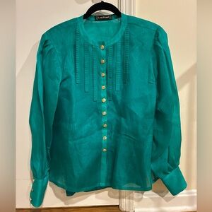 Louis Feraud vintage silk organza green button front blouse size 8